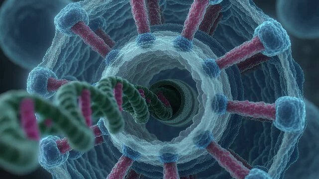 Drawing spiked orb pulling green-pink helix into cell pore, helix entering sending orange glows in