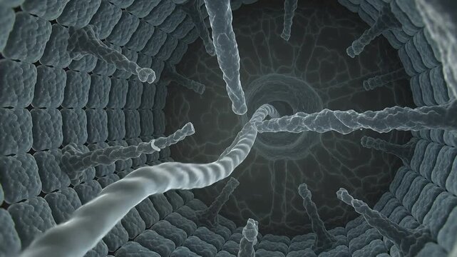 Camera gliding over cuboid subunits entering microscopic ring lumen tracing axial filament to map