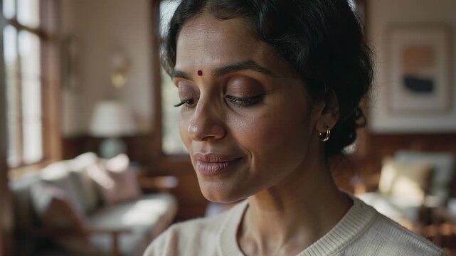 Recording Indian woman in light sweater looking down, blinking, pursing lips, reflecting on couch