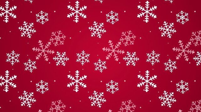 White snowflakes turning as they fall across a red Christmas pattern, gift wrap loop