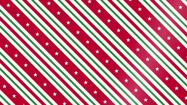 Christmas pattern of red, white and green candy cane stripes with stars, wrapping paper background, seamless loop