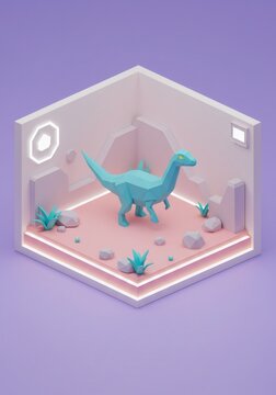 Low poly dinosaur raptor in isometric room with pink and purple pastel colors. 3d render of prehistoric predator in minimalist scene with plants and
