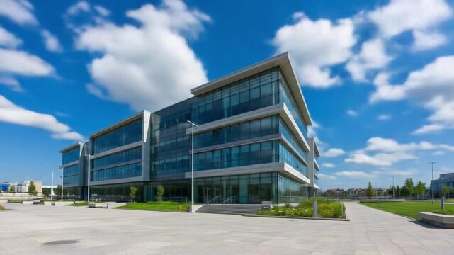 A modern glassfronted office building under a blue cloudy sky with a paved forecourt and landscaped areas