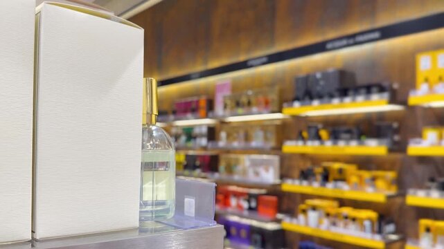 Perfume and Eau de Toilette Bottles on Display in Cosmetics Store &ndash; Fragrance Products on Shelf with Blurred Perfume Background