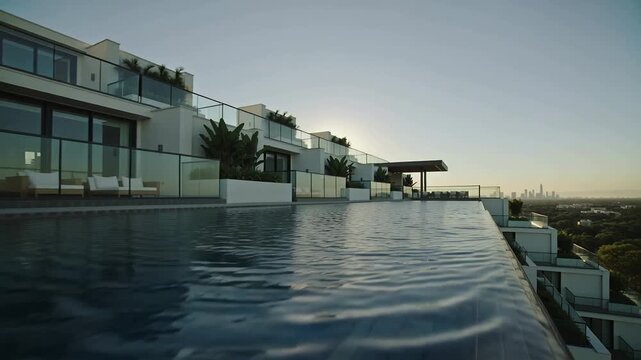 Rippling roof infinity pool from breeze while camera panning right catching low sun on glass rails