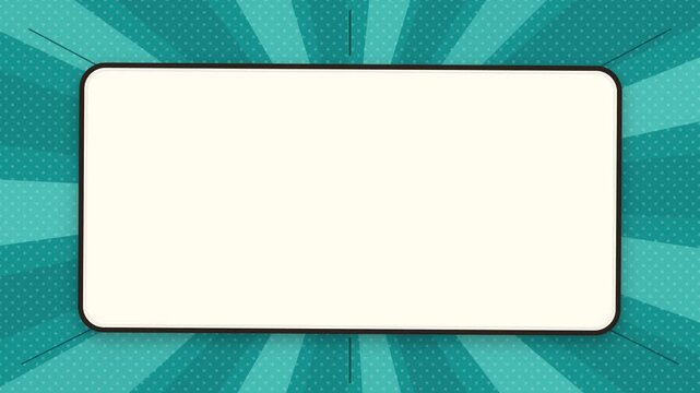 Blank comic book speech bubble on a teal sunburst background with halftone dots