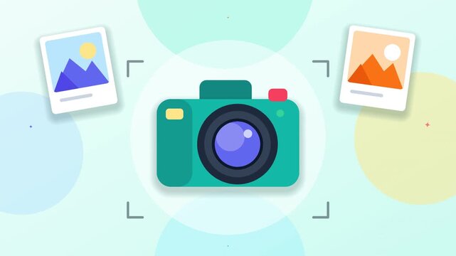Animated camera icon taking photos with colorful backgrounds