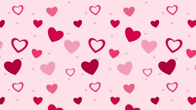 Heart pattern of pink and red hearts drifting on a blush background for Valentine's Day, seamless loop