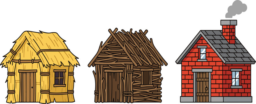 Three little pigs houses vector illustration set featuring straw hut stick cabin and brick home isolated on white background