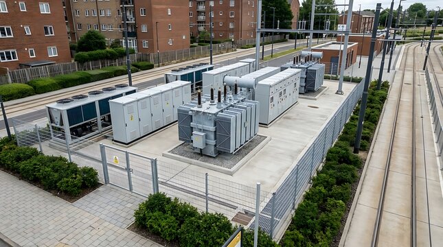 Modern outdoor electrical substation with large transformers and power units situated alongside urban tram tracks, providing essential energy infrastructure in a dynamic city environment