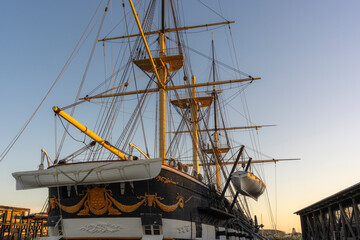 Historic wooden frigate Jylland showing detailed stern carvings and tall rigging © LeonHansenPhoto
