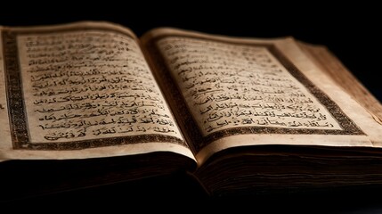 Fototapeta premium An open ancient book with intricate Arabic calligraphy on aged parchment pages under warm lighting