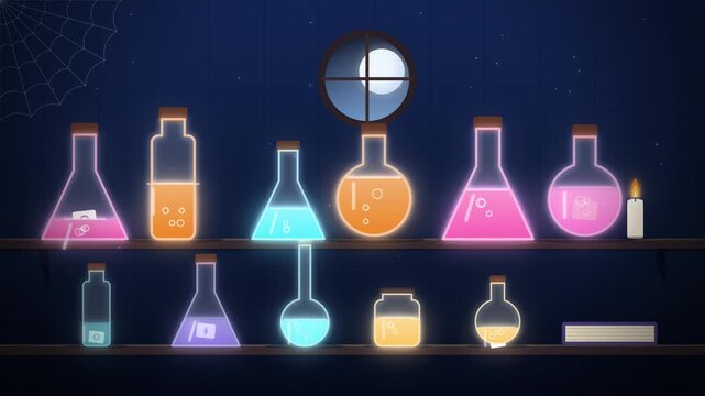 Neon potion flasks and candle on blue shelves seamless loop