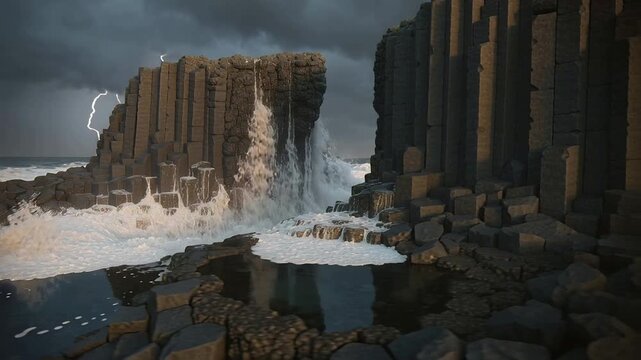 Surging central surge forcing through columnar basalt gorge from storm surf, erupting into spray
