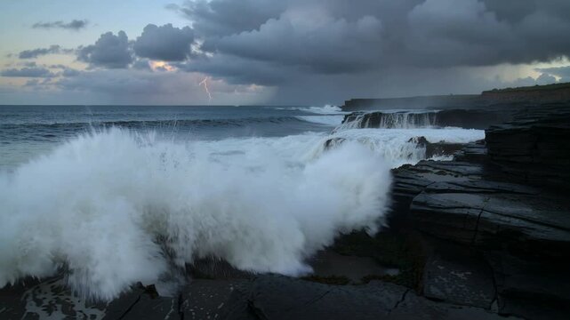 Storm swell pushing crashing waves hitting rocky headland at coast, sending spray into tidal pools
