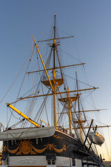 Historic wooden frigate Jylland showing detailed stern carvings and tall rigging © LeonHansenPhoto