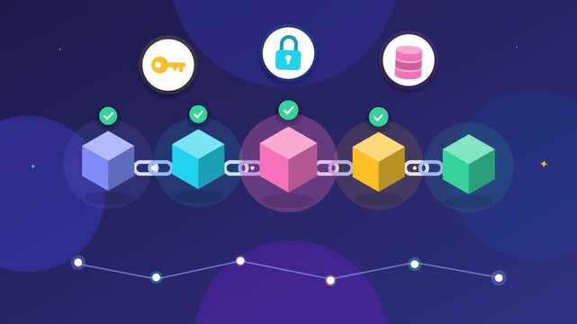 Blockchain network with connected blocks and security icons