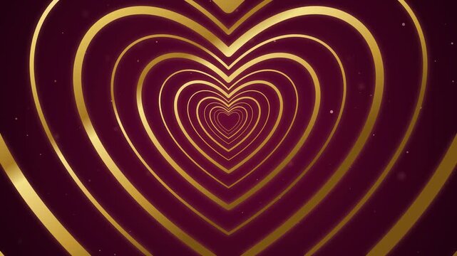 Gold heart pattern of outlines expanding in a tunnel on dark burgundy, Valentine's Day, seamless loop