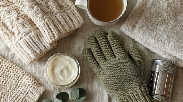 Scleroderma: flat lay of skin and hand care essentials: moisturizing cream, thermal gloves, warm tea, soft towel, hand warmer,