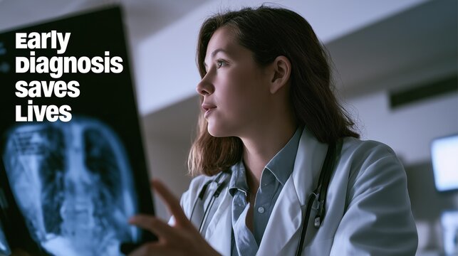Scleroderma: banner of a pulmonologist reviewing a chest CT scan, bold text "Early Diagnosis Saves Lives" 