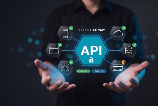 secure api gateway and application integration concept, authentication, encryption, cloud connection, database access, and digital business technology