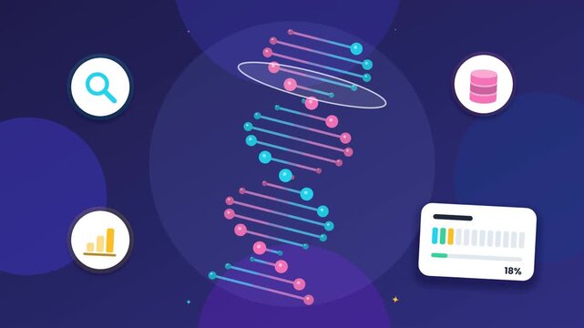 Animated DNA helix with science and data icons on a dark background