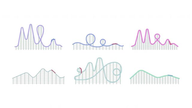 Roller coaster with loops and tracks 2D cartoon animation pack. Amusement park entertainment. Thrill rides with steep hills animated flat colorful elements 4K video collection on transparent