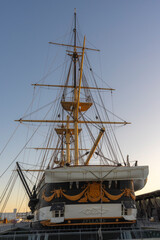 Historic wooden frigate Jylland showing detailed stern carvings and tall rigging © LeonHansenPhoto