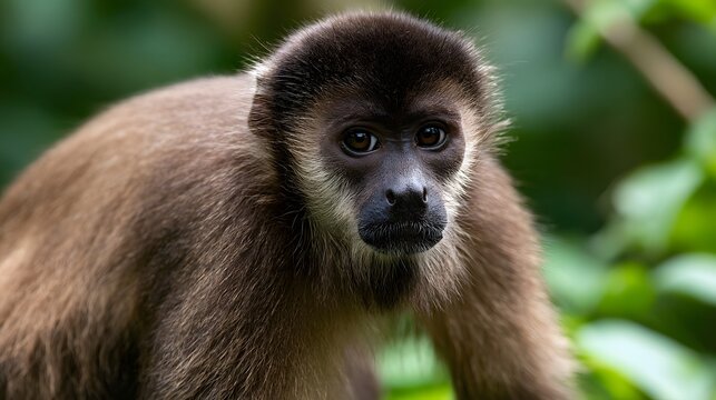A close up of a brown furred monkey with dark eyes and a black face  looking directly at the in a lush green forest setting