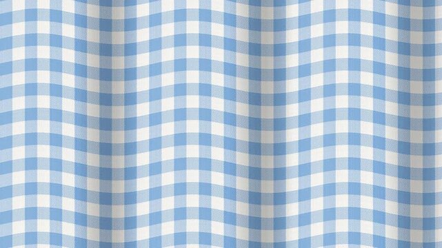 Light blue gingham plaid pattern fabric waving like a curtain, seamless loop