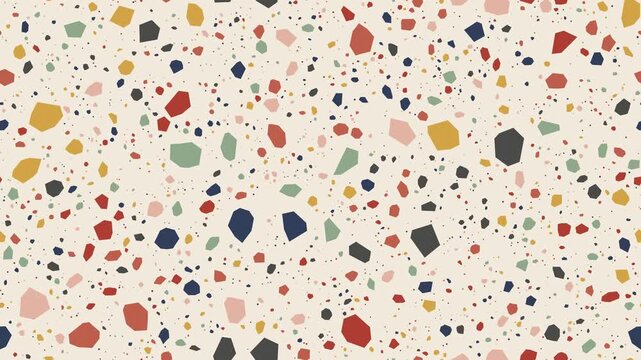 Terrazzo pattern with terracotta, sage and mustard stone chips on cream, gently moving, seamless loop