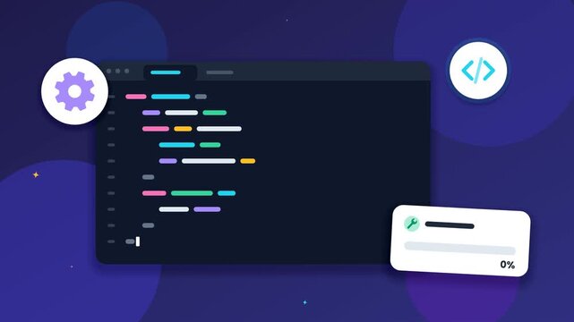 Coding interface with colorful code and progress bar animation