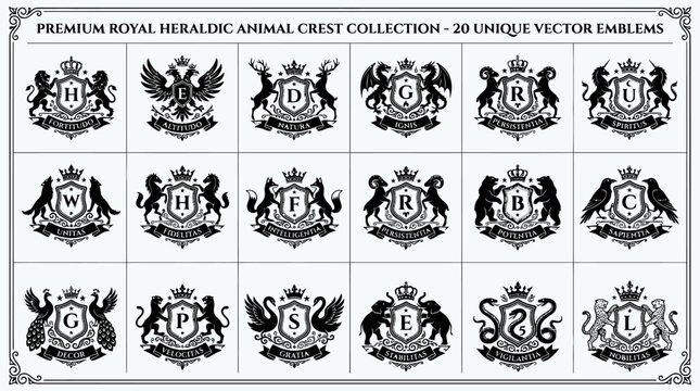 Set of premium royal heraldic animal crests featuring unique vector emblems.
