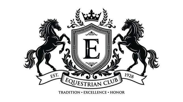 Elegant equestrian club logo design with horses and shield emblem.