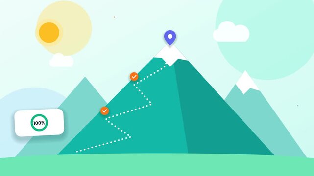 Flat design animation of reaching mountain summit with flag and trophy