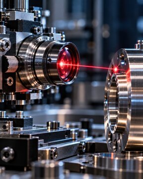 Close-up view of red laser beam focusing through optical lens system onto steel mechanical component inside high-tech manufacturing facility. Concept for precision metalworking and laser inspection