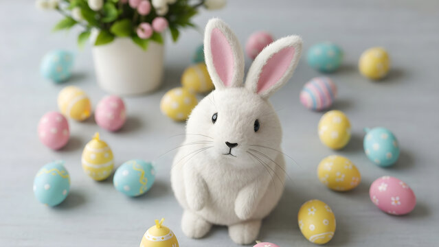 Cute fuzzy white Easter bunny toy with colorful pastel painted eggs and spring flowers on a soft grey background