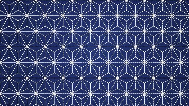 Japanese pattern asanoha hemp leaf in white sashiko stitches on indigo blue, seamless loop