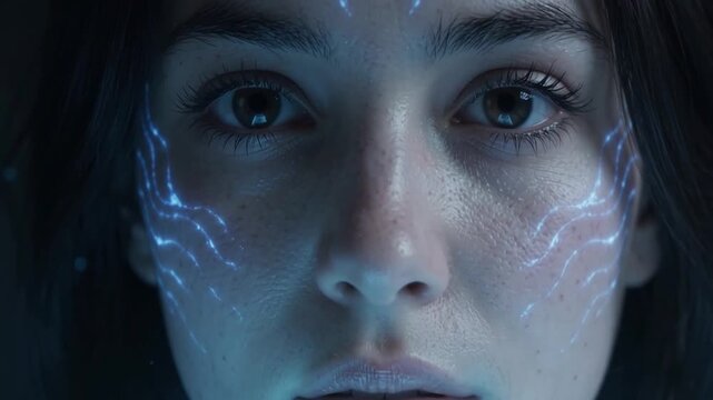 Close Up of Futuristic Cyborg Woman Opening Eyes with Glowing Blue Cybernetic Circuit Veins