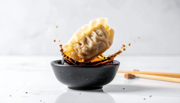 Dumpling in soy sauce bowl.