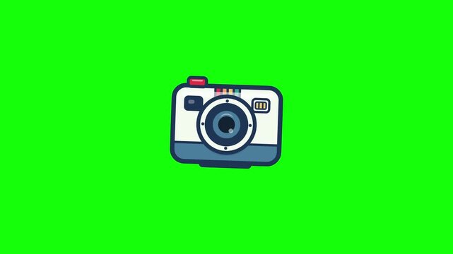 Retro instant camera animation ejecting a photo print on green screen background
