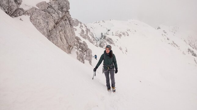 Female mountaineer walking uphill on snowy mountain with ice axe