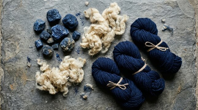 Natural fiber transformation stages displayed on rough stone surface with textile processing stages