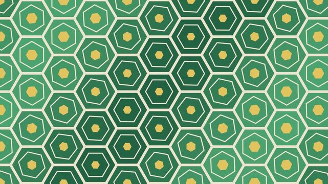 Japanese pattern kikko tortoise shell hexagons in green and gold with a wave of light, seamless loop