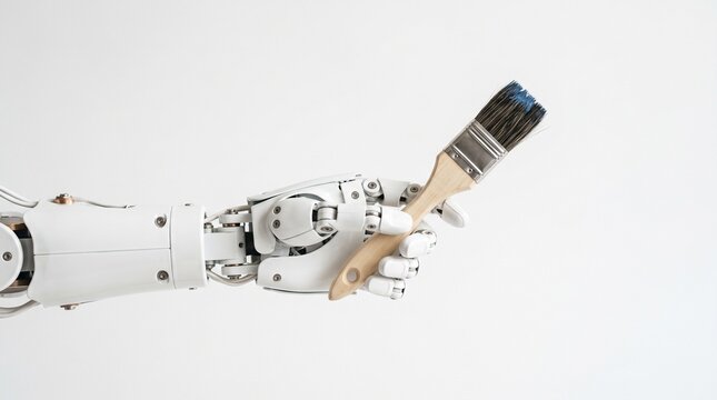 Robotic hand holding a paintbrush symbolizing AI creativity and automated art, ideal for technology presentations, website headers, and futuristic corporate designs
