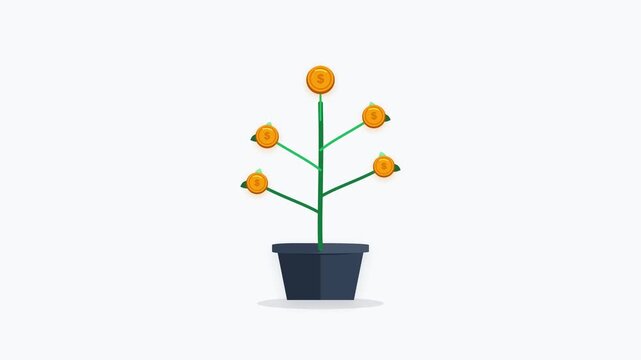 Animated vector illustration showing a house plant growing inside a modern pot and blossoming golden coins, symbolizing investment growth, financial s.
