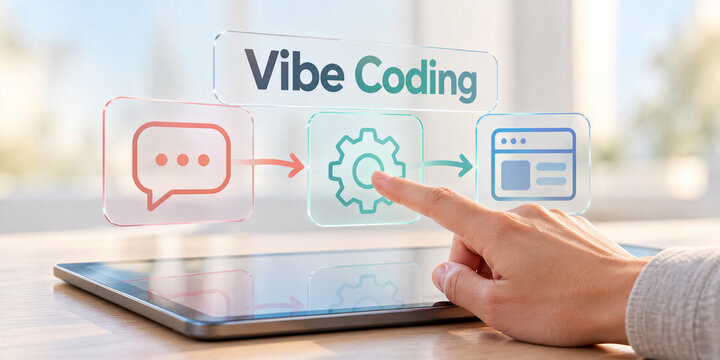 Hand tapping vibe coding workflow icons above a tablet. Prompt-driven software development and app creation. No-code automation, programming and digital interface design concept.