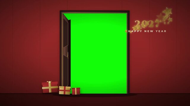 Premium SVG motion graphic with a classic red wall and 3D door. The sequence reveals 2027 and a star wind burst first, before accelerating into an ext.