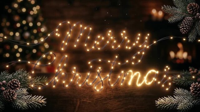 Glowing Merry Christmas string lights on rustic wooden table