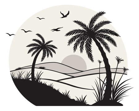 A modern circular vector scene with desert dunes, two palm trees surrounding a small oasis, crescent-shaped sun, distant birds and subtle grass silhouettes, warm sunset gradient, strong black 
